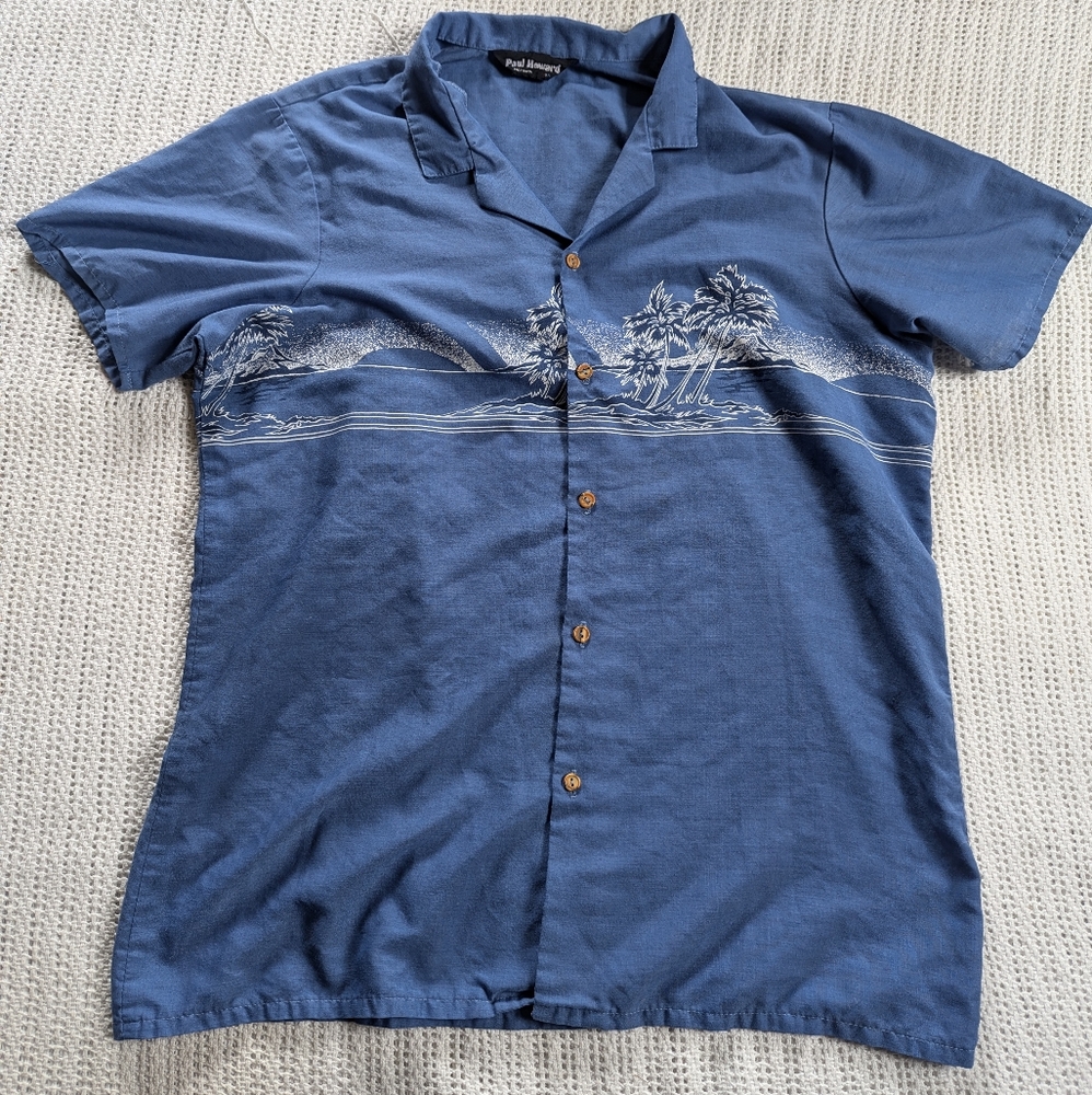 Paul Howard California Vintage Hawaiian Shirt Medium Short Sleeve Blue Palm Tree